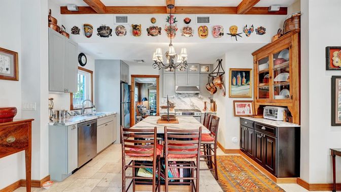 Chandelier, Dining room, Interior, Kitchen, Stainless Steel Appliances, Wooden Beams