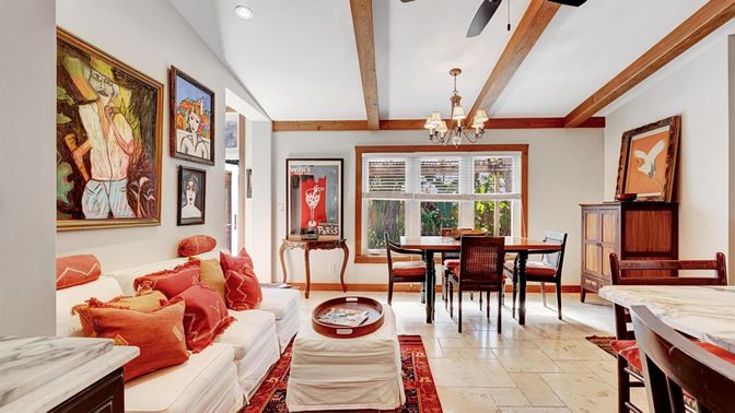 Chandelier, Dining room, Interior, Living room, Recessed Lighting, Wooden Beams