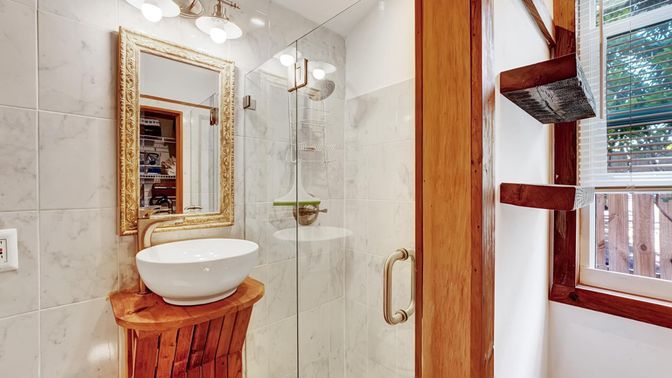 Bathroom, Glass Shower, Interior, Marble Walls