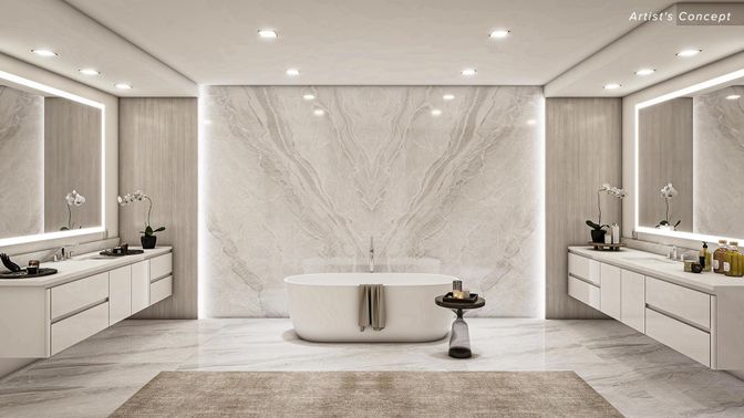 Bathroom, Dual Sink Vanities, Free Standing Baths, Interior, Marble, Marble Walls, Recessed Lighting