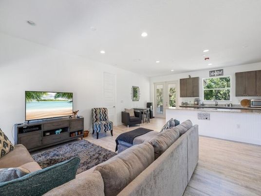 Interior, Kitchen, Living room, Recessed Lighting, Wood Texture Flooring
