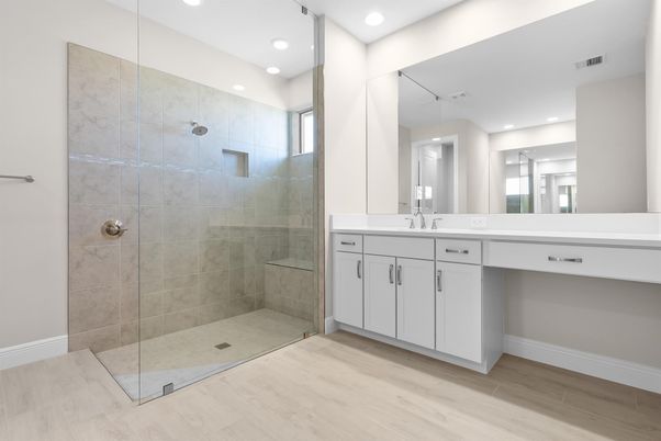 Bathroom, Glass Shower, Interior, Recessed Lighting, Wood Texture Flooring