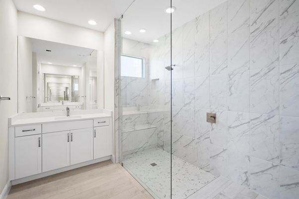 Bathroom, Glass Shower, Interior, Marble Walls, Recessed Lighting, Wood Texture Flooring