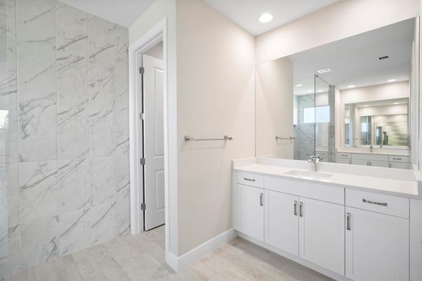 Bathroom, Dual Sink Vanities, Interior, Marble Walls, Recessed Lighting