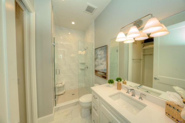 Bathroom, Glass Shower, Interior, Marble, Marble Walls, Recessed Lighting