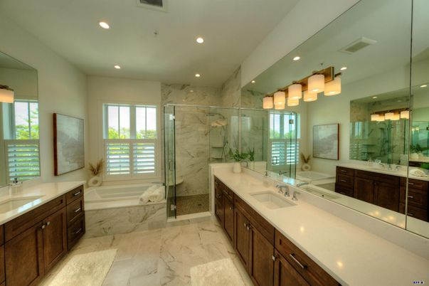 Bathroom, Dual Sink Vanities, Glass Shower, Interior, Marble, Marble Walls, Recessed Lighting