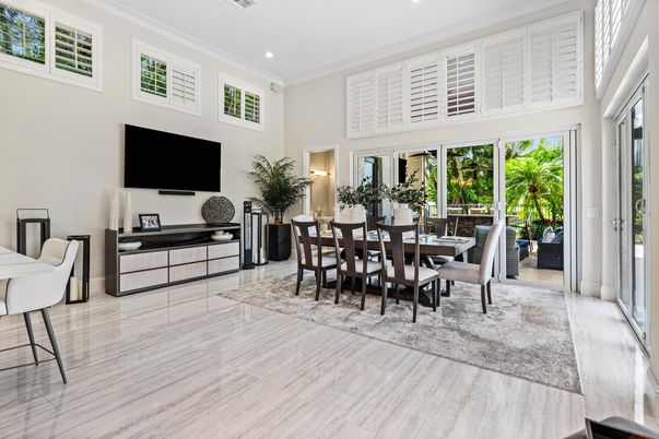 Dining room, Interior, Recessed Lighting, Wood Texture Flooring