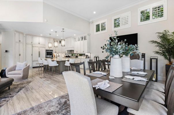 Dining room, Interior, Kitchen, Marble, Pendant Lights, Recessed Lighting, Wood Texture Flooring