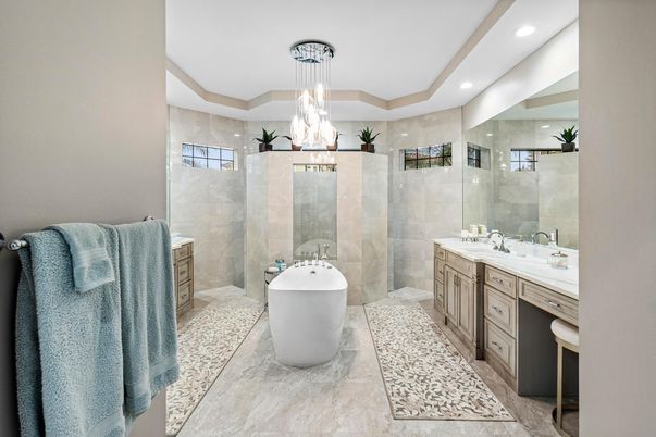 Bathroom, Dual Sink Vanities, Free Standing Baths, Glass Shower, Interior, Pendant Lights, Recessed Lighting