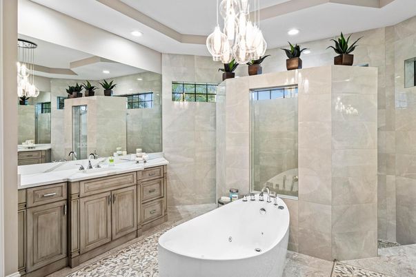 Bathroom, Chandelier, Dual Sink Vanities, Free Standing Baths, Glass Shower, Interior, Pendant Lights, Recessed Lighting