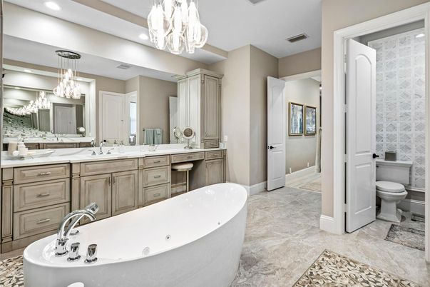 Bathroom, Chandelier, Dual Sink Vanities, Free Standing Baths, Interior, Pendant Lights, Recessed Lighting