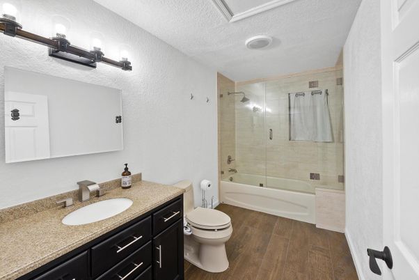 Bathroom, Glass Shower, Interior, Wood Texture Flooring
