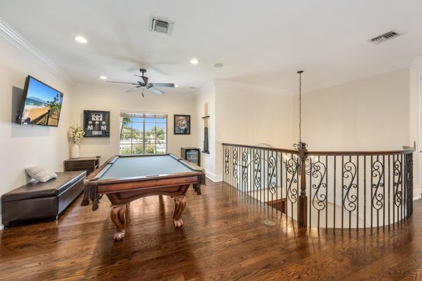 Billiard Table, Game Room, Interior, Recessed Lighting, Wood Texture Flooring