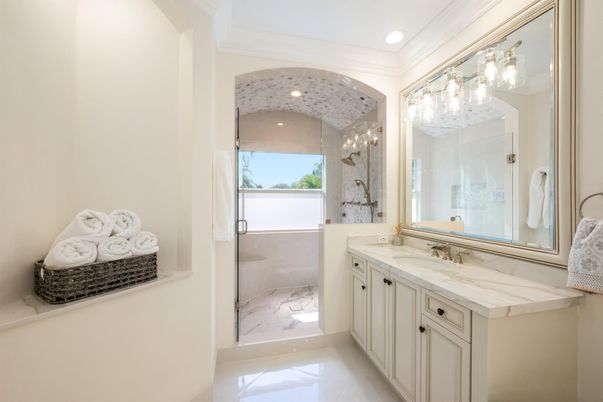 Bathroom, Glass Shower, Interior, Marble, Recessed Lighting