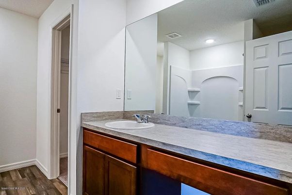 Bathroom, Dual Sink Vanities, Interior, Recessed Lighting, Wood Texture Flooring