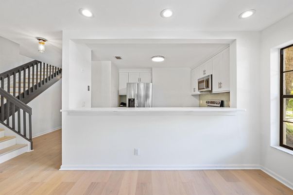 Interior, Kitchen, Recessed Lighting, Stainless Steel Appliances, Wood Texture Flooring