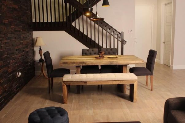 Dining room, Interior, Pendant Lights, Wood Texture Flooring