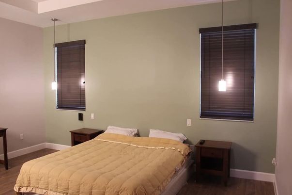 Bedroom, Interior, Pendant Lights, Wood Texture Flooring
