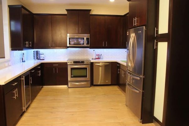 Interior, Kitchen, Recessed Lighting, Stainless Steel Appliances, Wood Texture Flooring