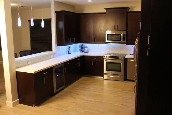 Interior, Kitchen, Pendant Lights, Recessed Lighting, Stainless Steel Appliances, Wood Texture Flooring