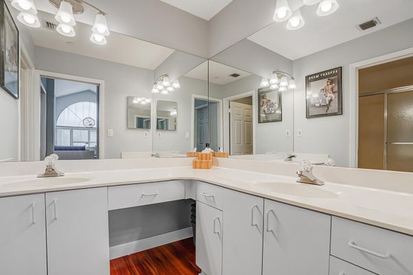 Bathroom, Dual Sink Vanities, Glass Shower, Interior, Wood Texture Flooring