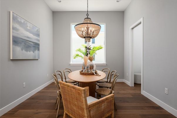 Chandelier, Dining room, Interior, Pendant Lights, Recessed Lighting, Wood Texture Flooring