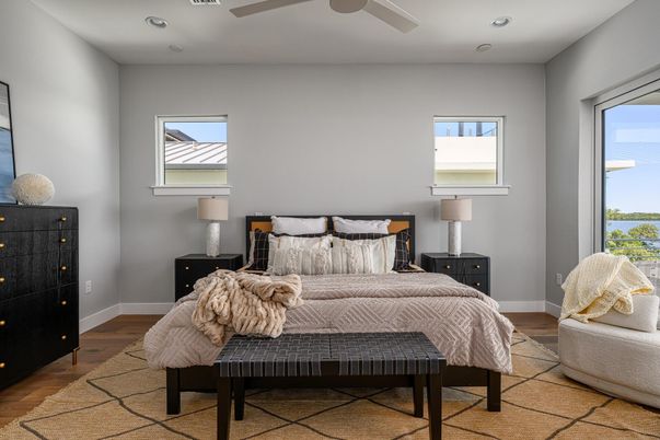 Bedroom, Interior, Recessed Lighting, Wood Texture Flooring
