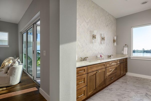 Bathroom, Dual Sink Vanities, Interior, Marble, Wood Texture Flooring