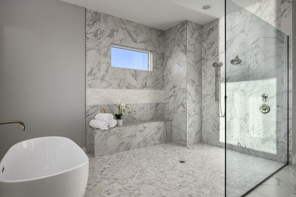 Bathroom, Free Standing Baths, Glass Shower, Interior, Marble Walls, Recessed Lighting