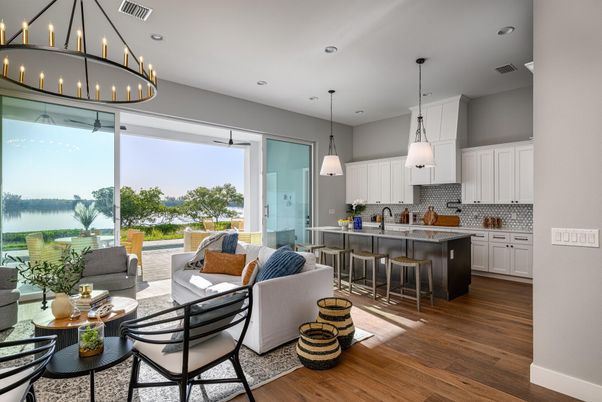 Interior, Kitchen, Living room, Pendant Lights, Recessed Lighting, Water, Wood Texture Flooring
