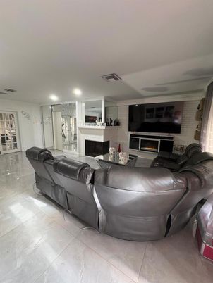 Fireplace, Interior, Living room, Recessed Lighting, Stone Walls