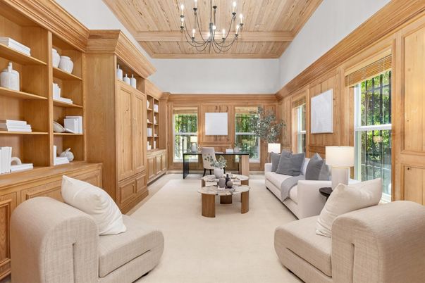 Chandelier, Home Office, Interior, Living room, Wooden Beams, Wooden Ceilings, Wooden Walls