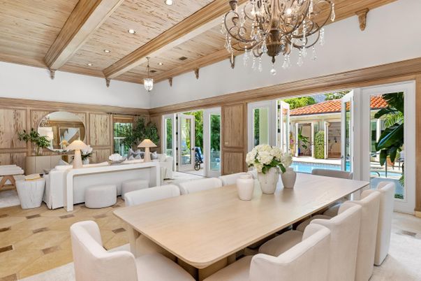Chandelier, Dining room, Interior, Living room, Piano, Recessed Lighting, Wooden Beams, Wooden Ceilings