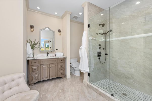 Bathroom, Glass Shower, Interior, Marble Walls, Recessed Lighting