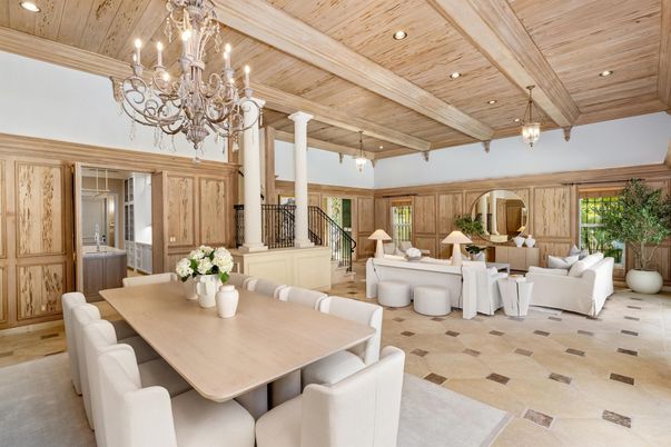 Chandelier, Dining room, Interior, Living room, Pendant Lights, Recessed Lighting, Wooden Beams, Wooden Ceilings