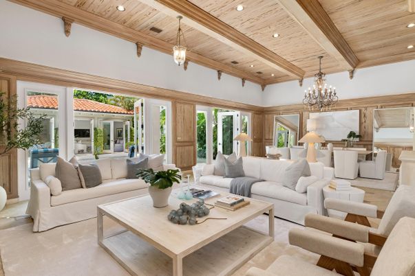 Chandelier, Interior, Living room, Pendant Lights, Recessed Lighting, Wooden Beams, Wooden Ceilings