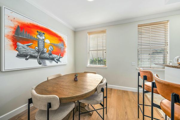 Dining room, Interior, Recessed Lighting, Wood Texture Flooring