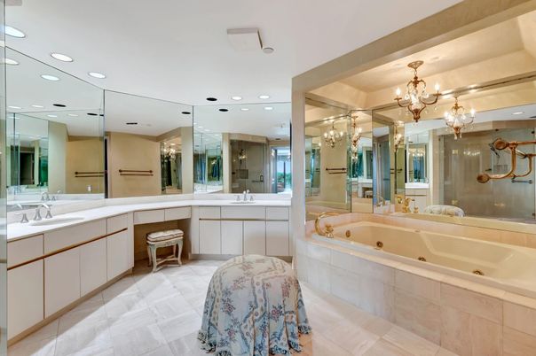 Bathroom, Chandelier, Dual Sink Vanities, Glass Shower, Interior, Recessed Lighting