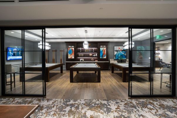 Billiard Table, Game Room, Interior, Pendant Lights, Wood Texture Flooring