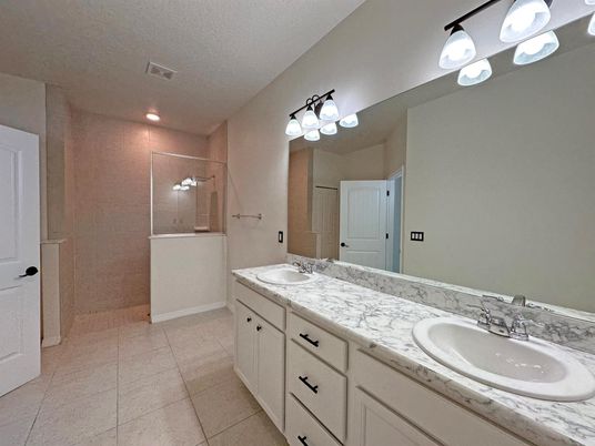 Bathroom, Dual Sink Vanities, Glass Shower, Interior, Recessed Lighting
