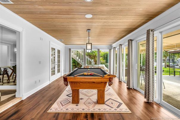 Billiard Table, Game Room, Interior, Pendant Lights, Wooden Ceilings, Wood Texture Flooring