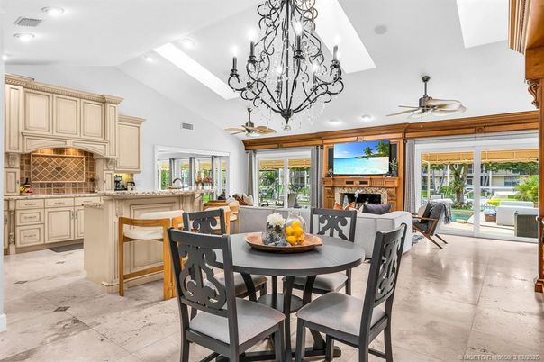 Chandelier, Dining room, Fireplace, Interior, Kitchen, Living room, Recessed Lighting