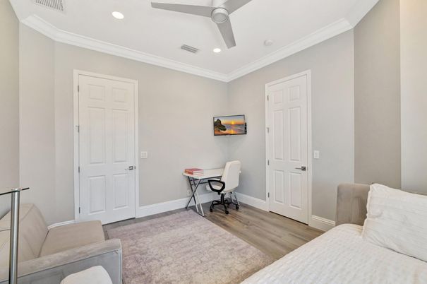 Bedroom, Home Office, Interior, Recessed Lighting, Wood Texture Flooring