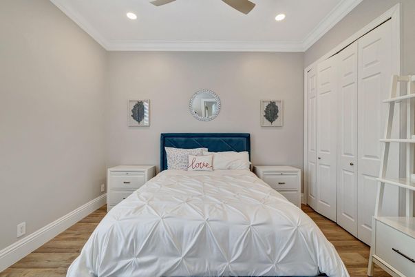 Bedroom, Interior, Recessed Lighting, Wood Texture Flooring