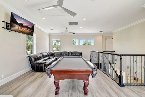 Billiard Table, Game Room, Interior, Recessed Lighting, Wood Texture Flooring