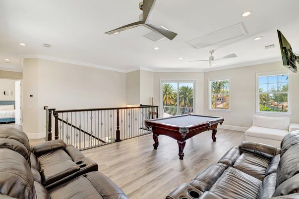 Billiard Table, Game Room, Interior, Recessed Lighting, Wood Texture Flooring