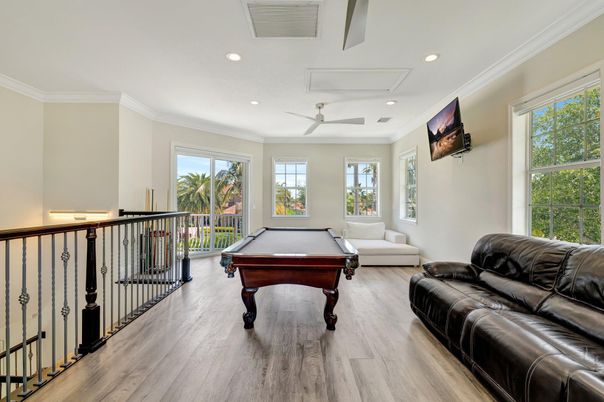 Billiard Table, Game Room, Interior, Recessed Lighting, Wood Texture Flooring