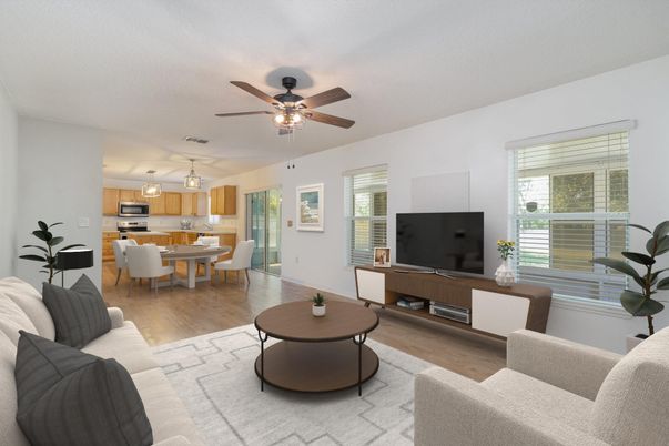 Dining room, Interior, Kitchen, Living room, Stainless Steel Appliances, Wood Texture Flooring