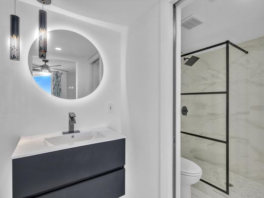 Bathroom, Glass Shower, Interior, Marble Walls, Recessed Lighting