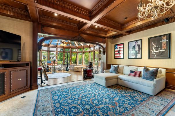 Chandelier, Dining room, Interior, Living room, Recessed Lighting, Wooden Beams, Wooden Ceilings, Wood Texture Flooring